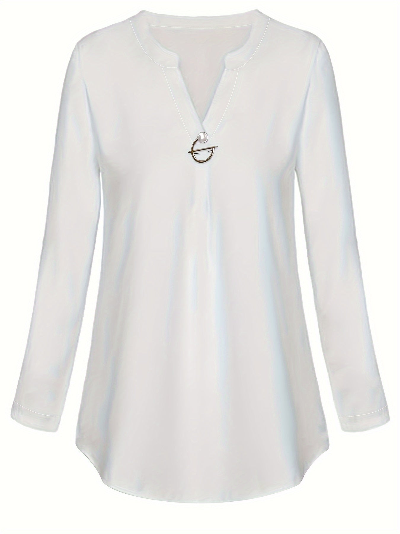 Women's V-Neck Pearl Button Shirt - Long Sleeve Casual Blouse
