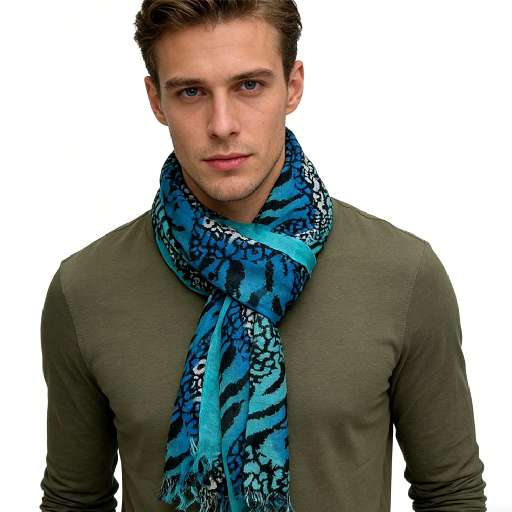 Aqua Blue Geometric Boho Scarf - Long Turquoise Print (77" x 22")