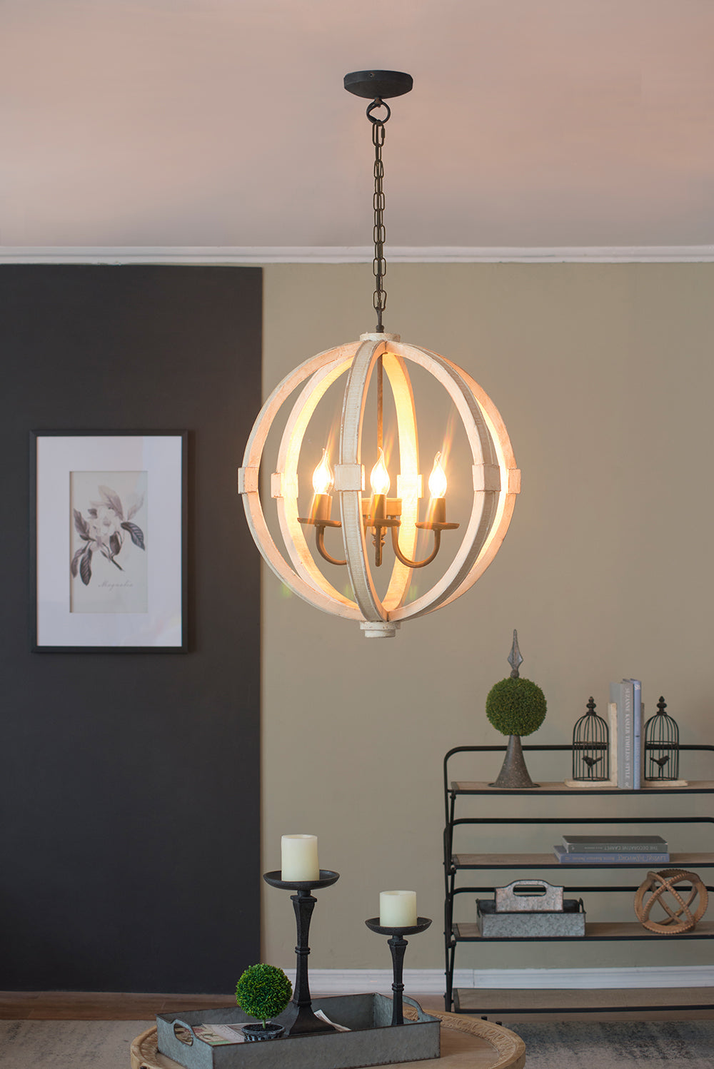 Distressed White Wood Chandelier - 6-Light Farmhouse Pendant