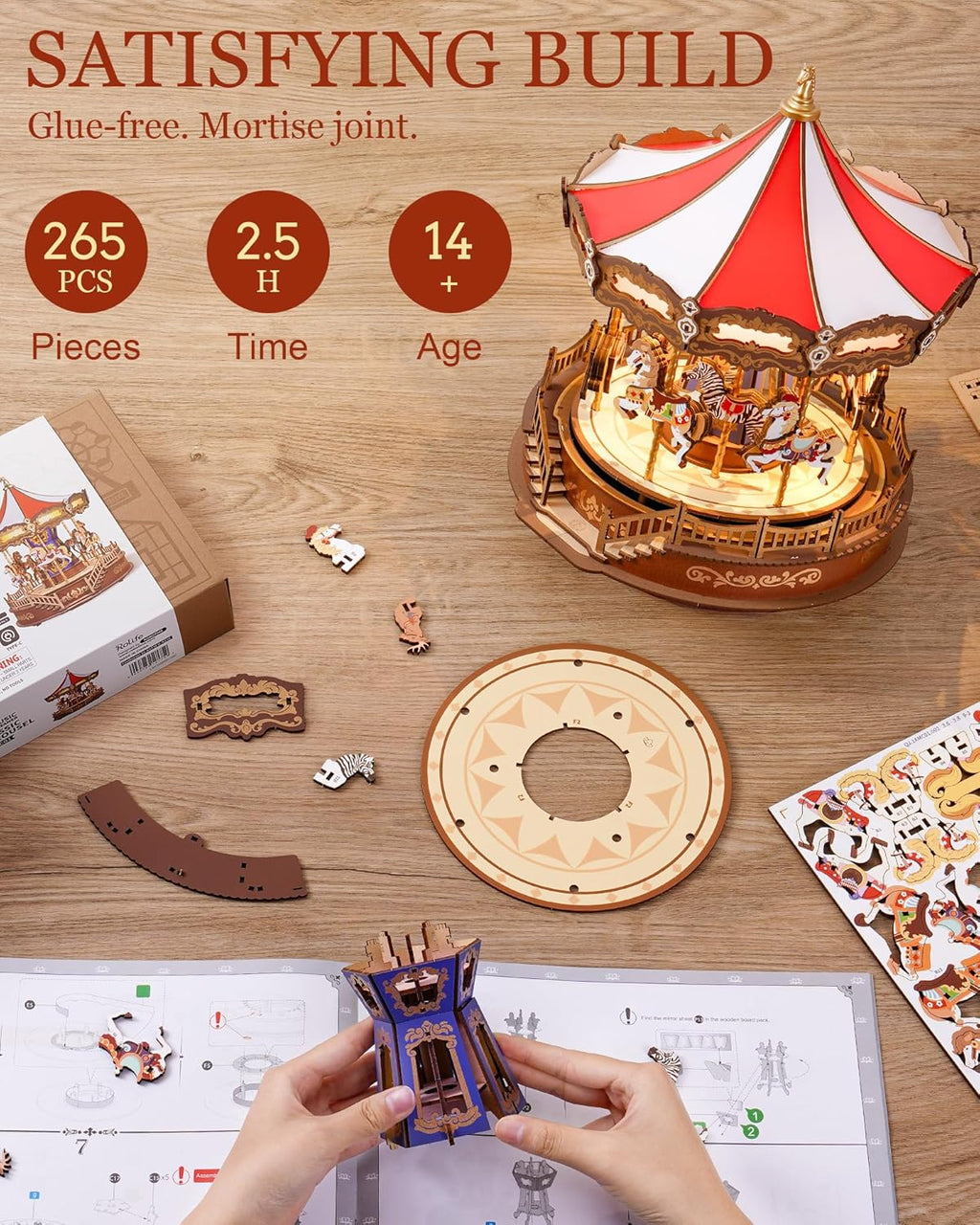 Robotime Classic Carousel Music Box 3D Wooden Puzzle with LED Lights - Mechanical Model Kit