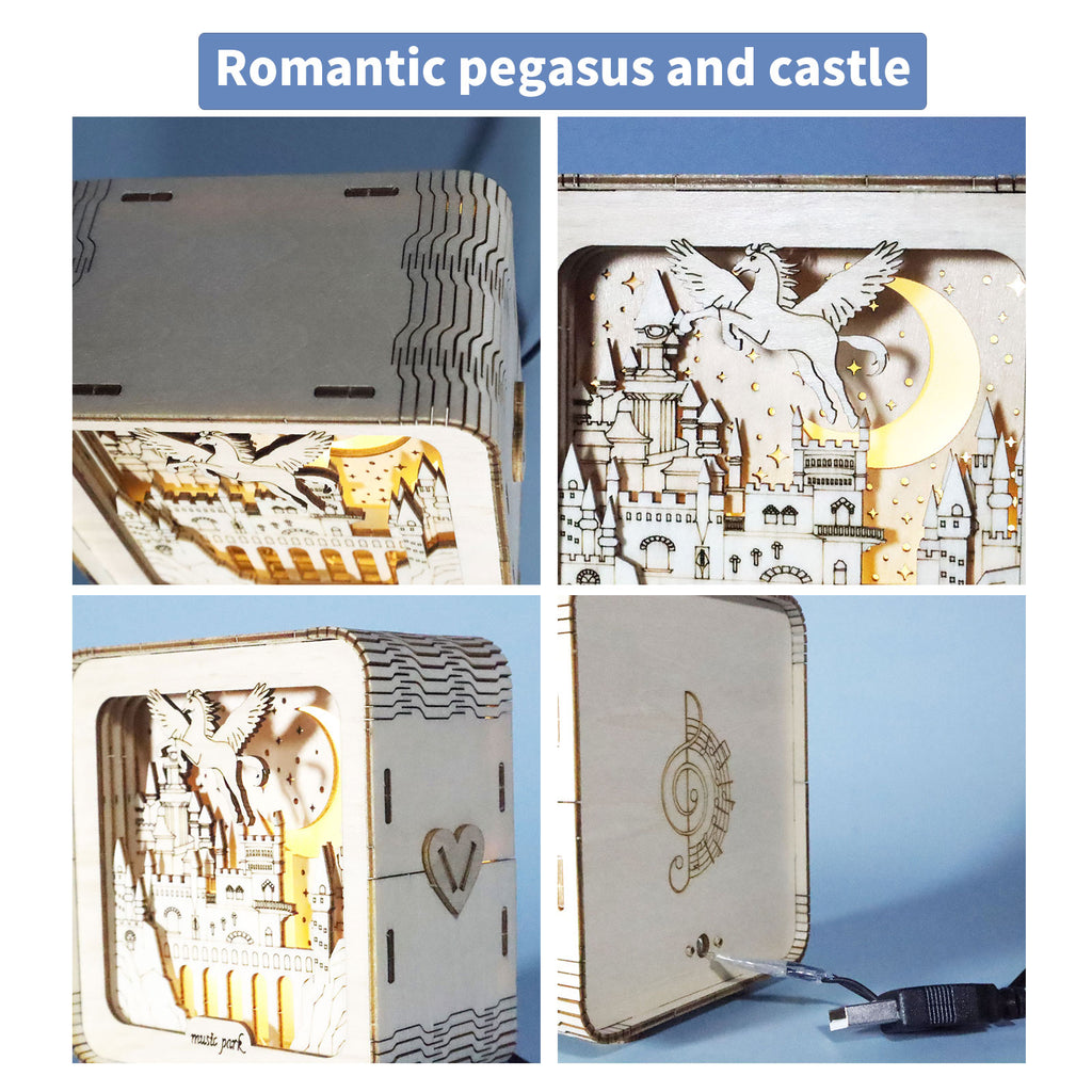 Pegasus Castle Night Light 3D Wooden Puzzle - Illuminated Fantasy Model Kit