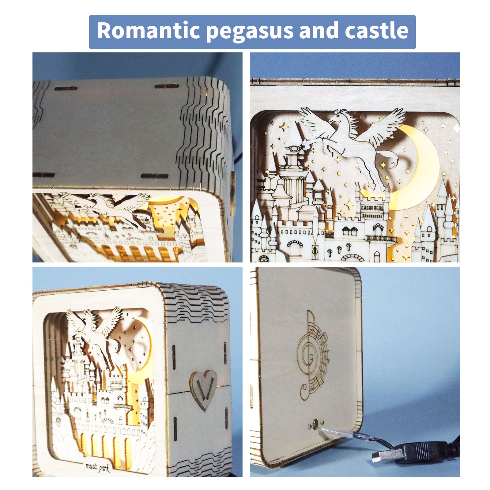 Pegasus Castle Night Light 3D Wooden Puzzle - Illuminated Fantasy Model Kit