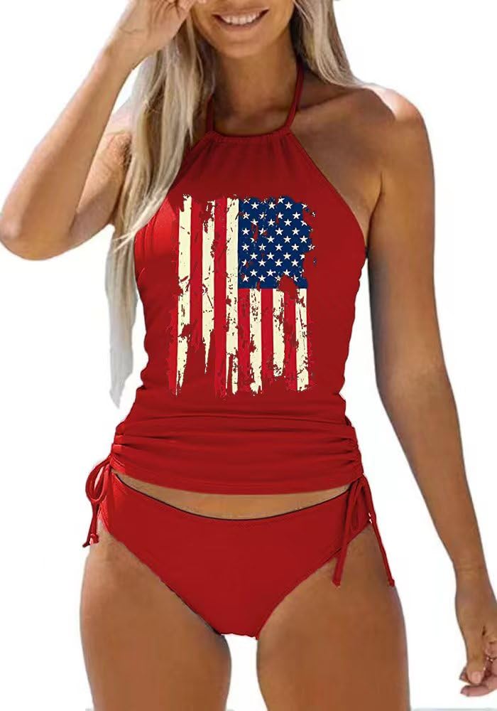 Women's Patriotic Flag Print Tankini Set - Two-Piece Halter Swimsuit