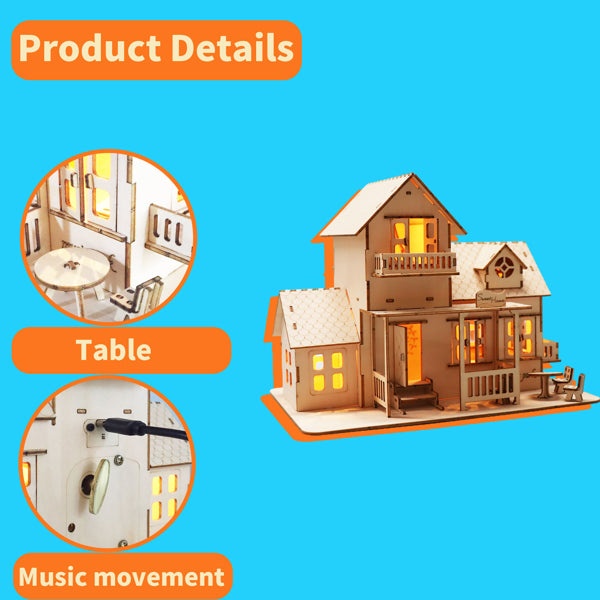 Sweet Home Music Box Miniature Dollhouse Kit - 3D Wooden Puzzle with LED Lights
