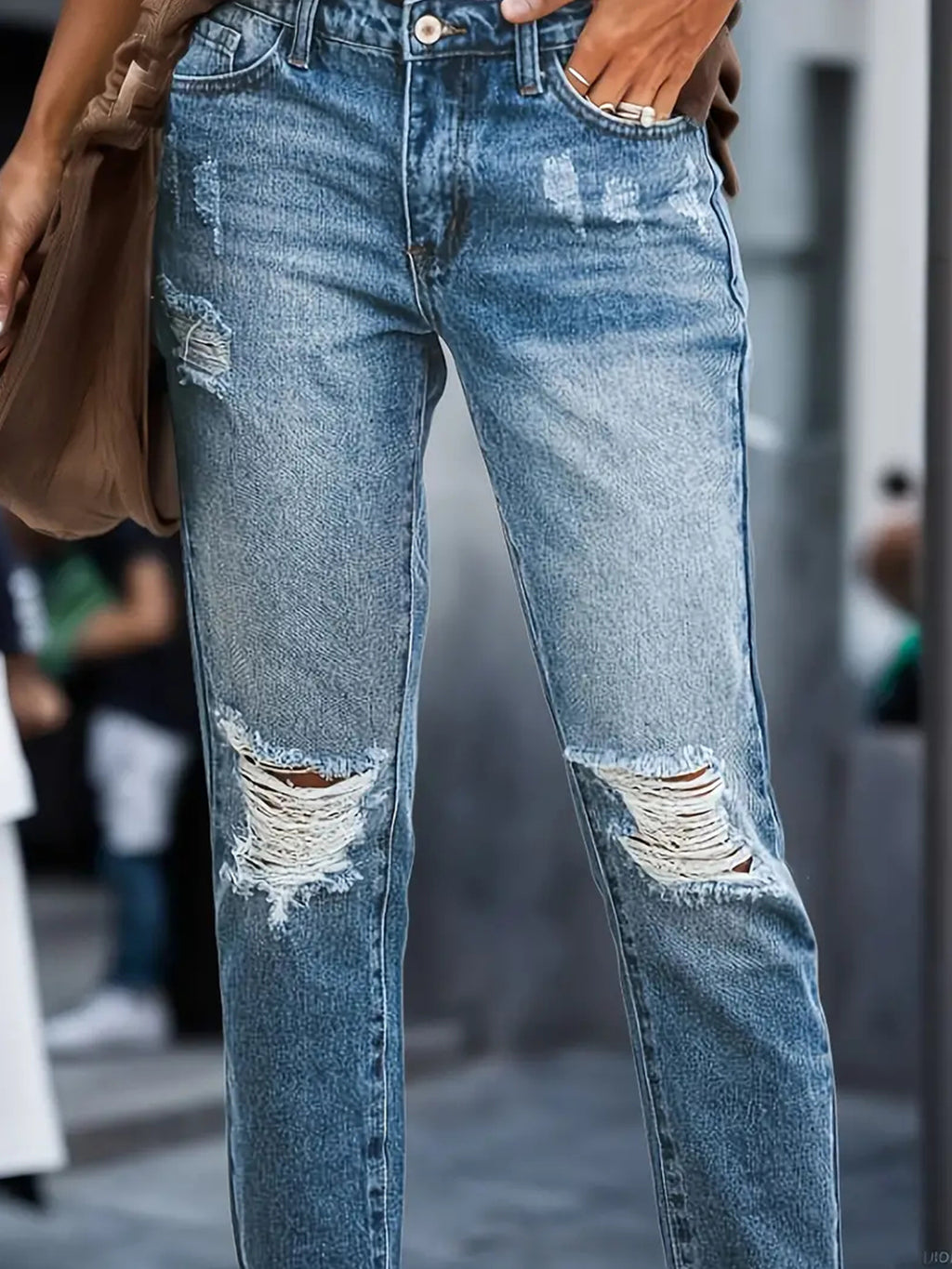 Women's Distressed Boyfriend Jeans - Stretchy Relaxed Fit with Ripped Details