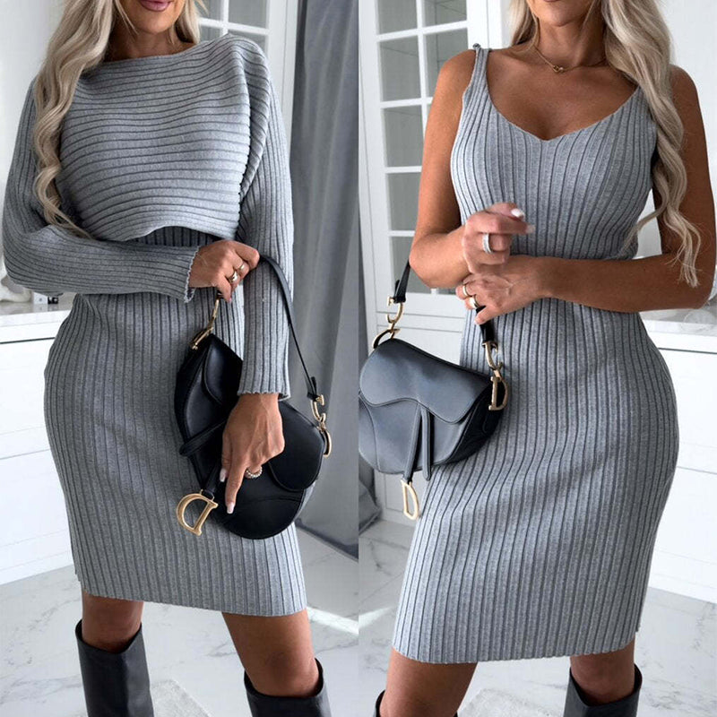 2pcs Suit Women's Solid Stripe Long-sleeved Top and Tight Suspender Skirt
