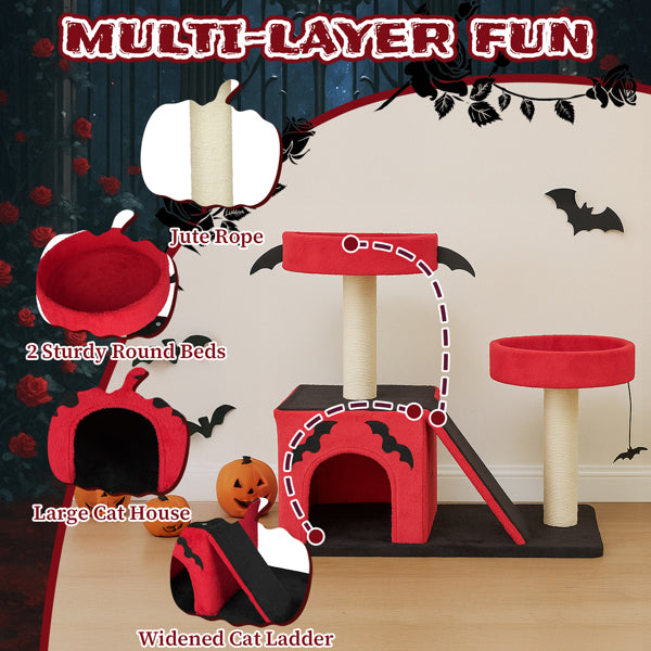 Gothic Cat Tree - Red & Black Halloween Cat Tower with Bat Wings