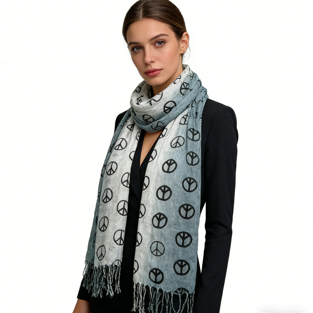 Grey Peace Sign Pattern Scarf - Subtle Boho Print (63" x 22")