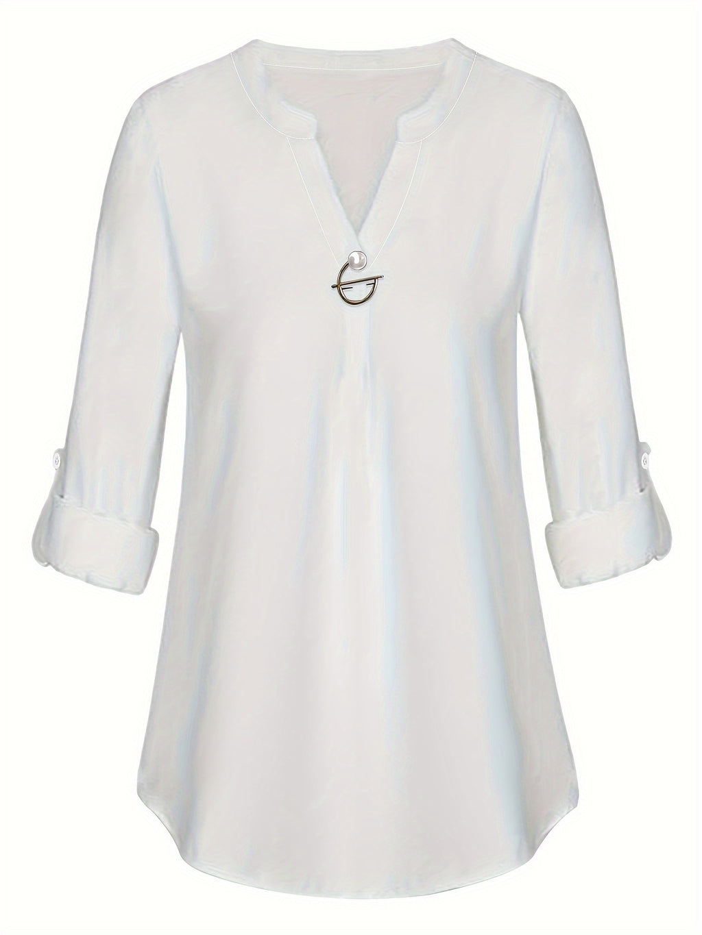 Women's V-Neck Pearl Button Shirt - Long Sleeve Casual Blouse