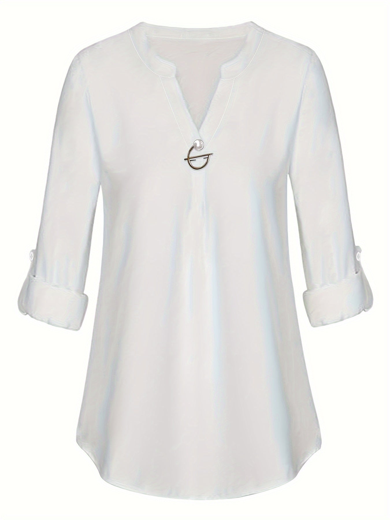 Women's V-Neck Pearl Button Shirt - Long Sleeve Casual Blouse