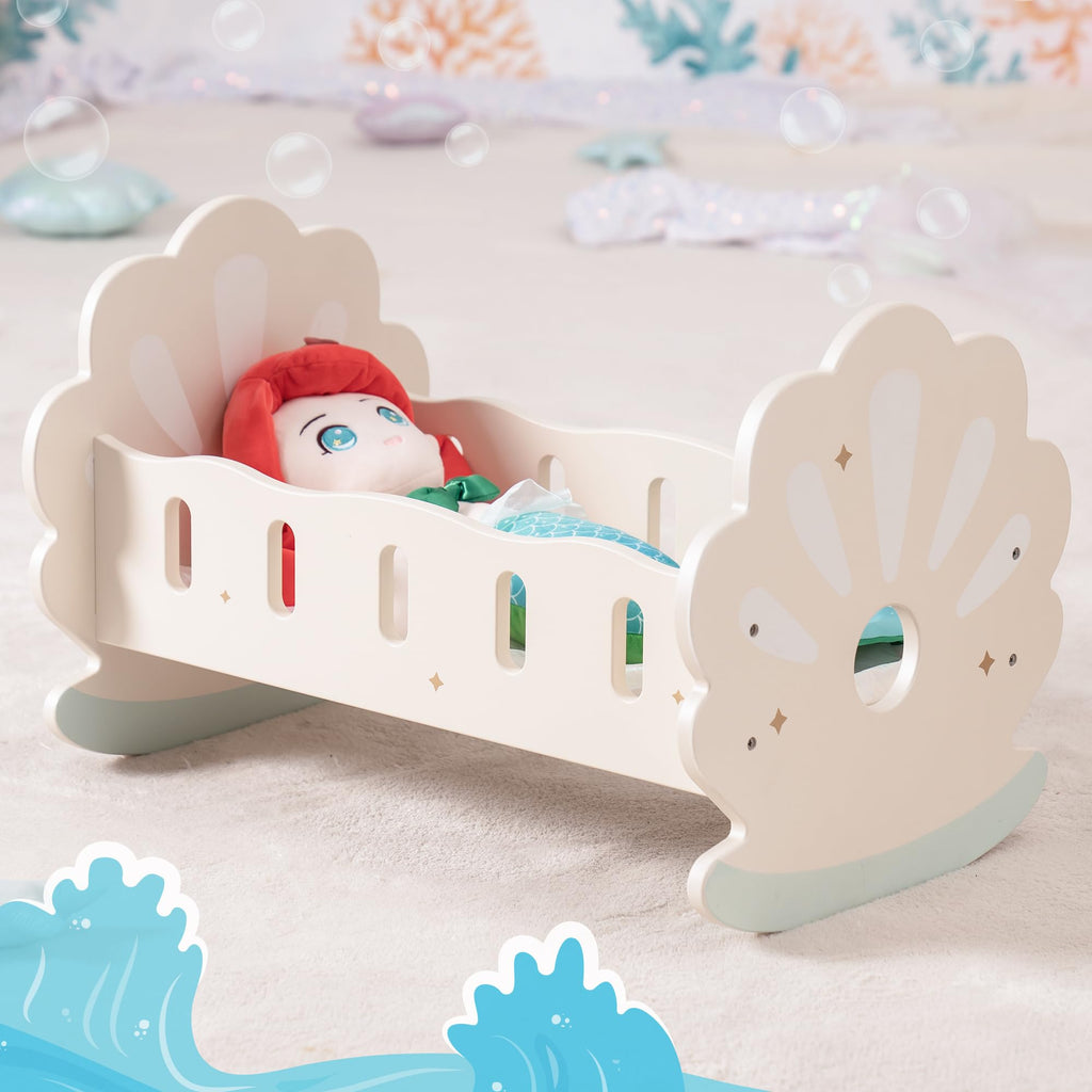 Wooden Doll Rocking Cradle with Bedding for 18" Dolls - Seashell