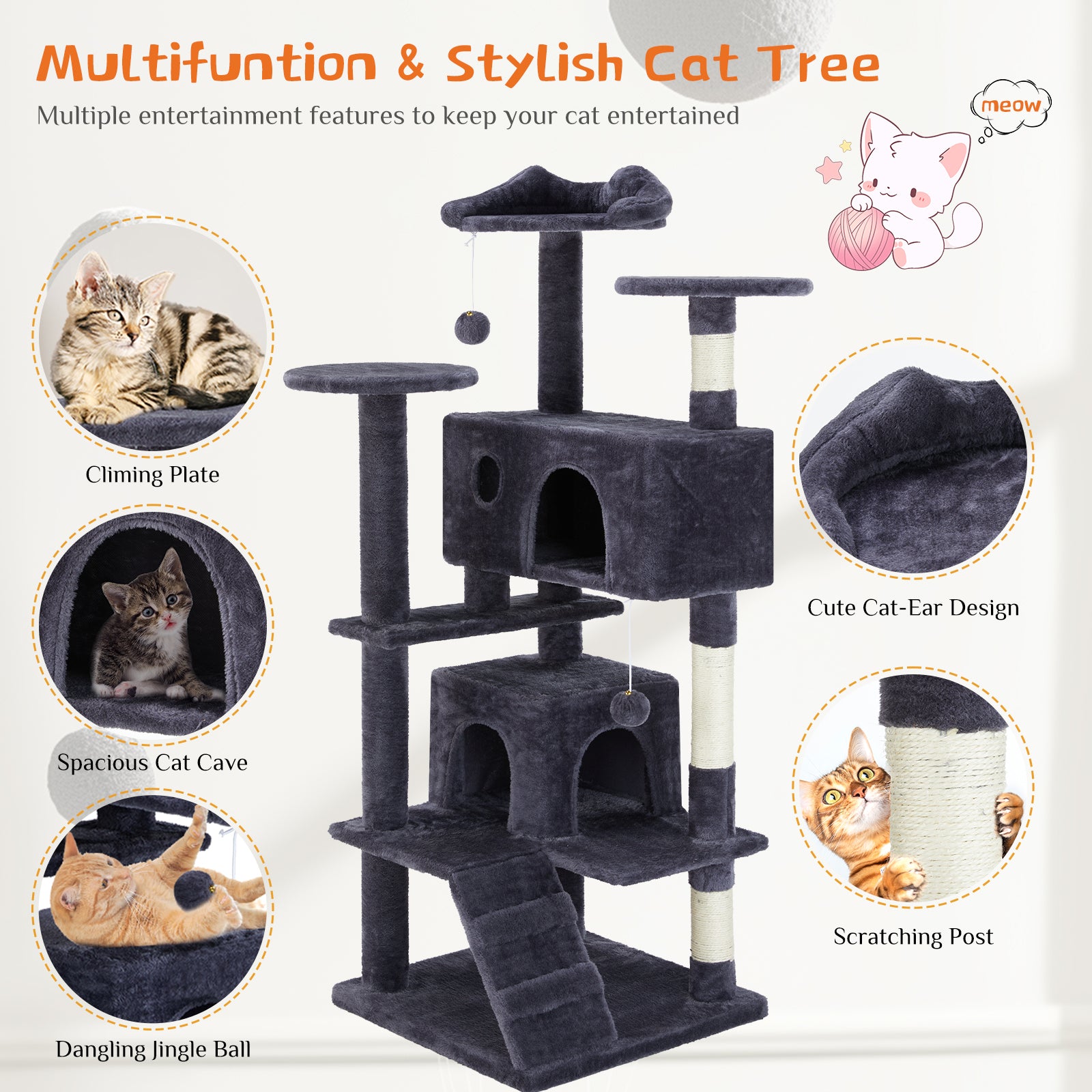 54" Multi-Level Cat Tree Tower with Scratching Posts