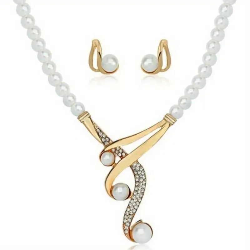 Pearl Jewelry Set - Necklace & Geometric Earrings (2-Piece)