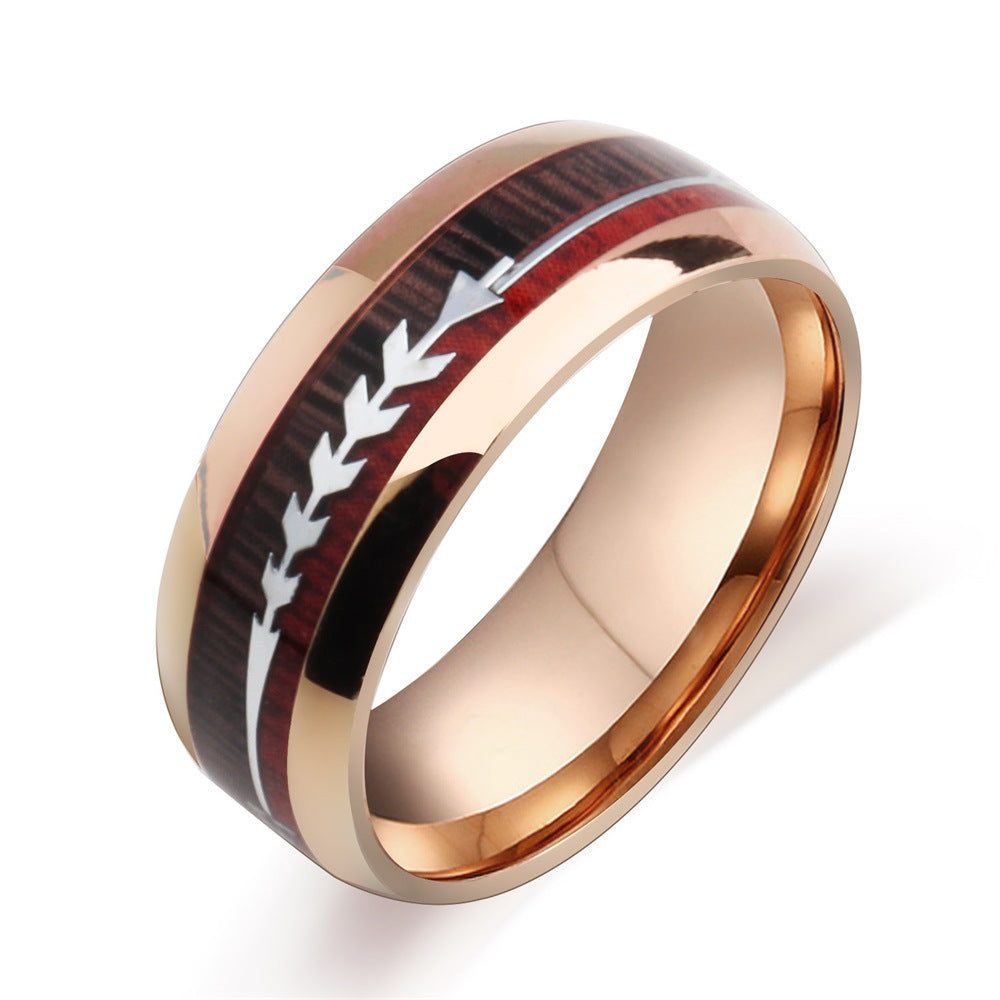 Stainless Steel Wood Grain Arrow Inlaid Ring - 3 Colors Available!