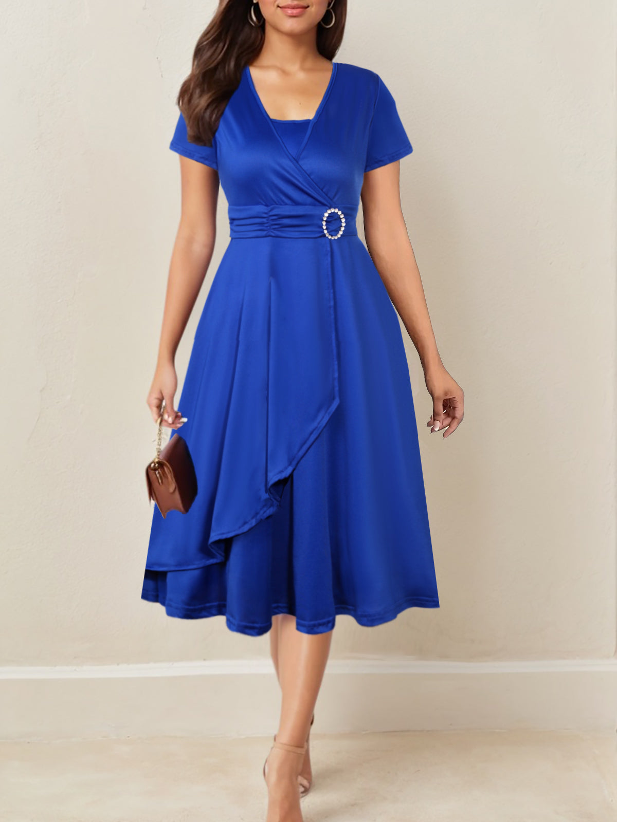 Rhinestone V-Neck Dress with Asymmetrical Hem - Elegant Cocktail Dress