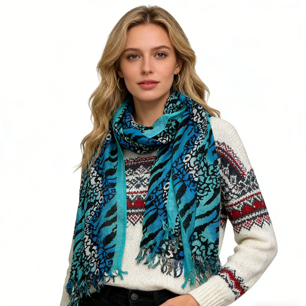 Aqua Blue Geometric Boho Scarf - Long Turquoise Print (77" x 22")
