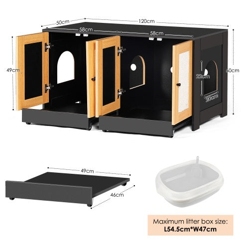 Double Cat Litter Box Furniture - Hidden Enclosure for 2 Cats with Rattan Doors
