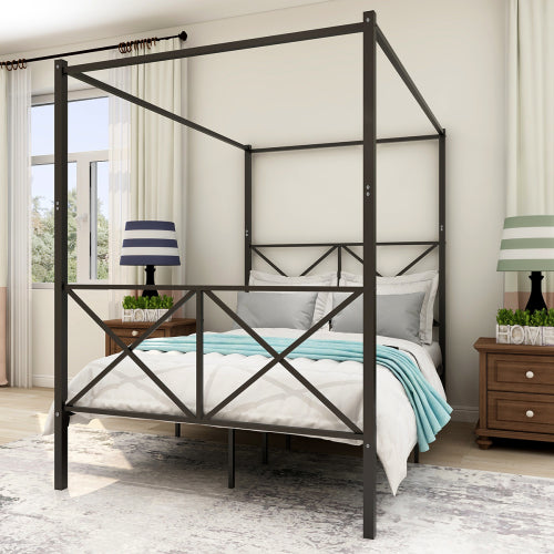 Full Size Metal Canopy Bed Frame - Black Platform Bed with Storage