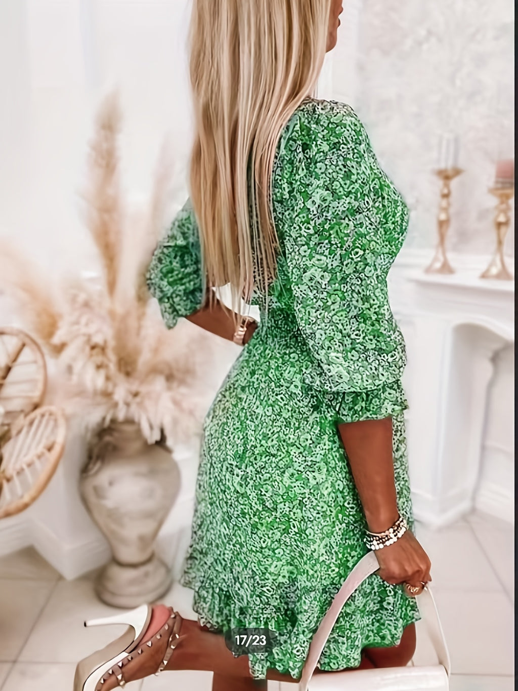 Floral V-Neck Dress with Ruffled Sleeves - Elegant A-Line Swing Dress