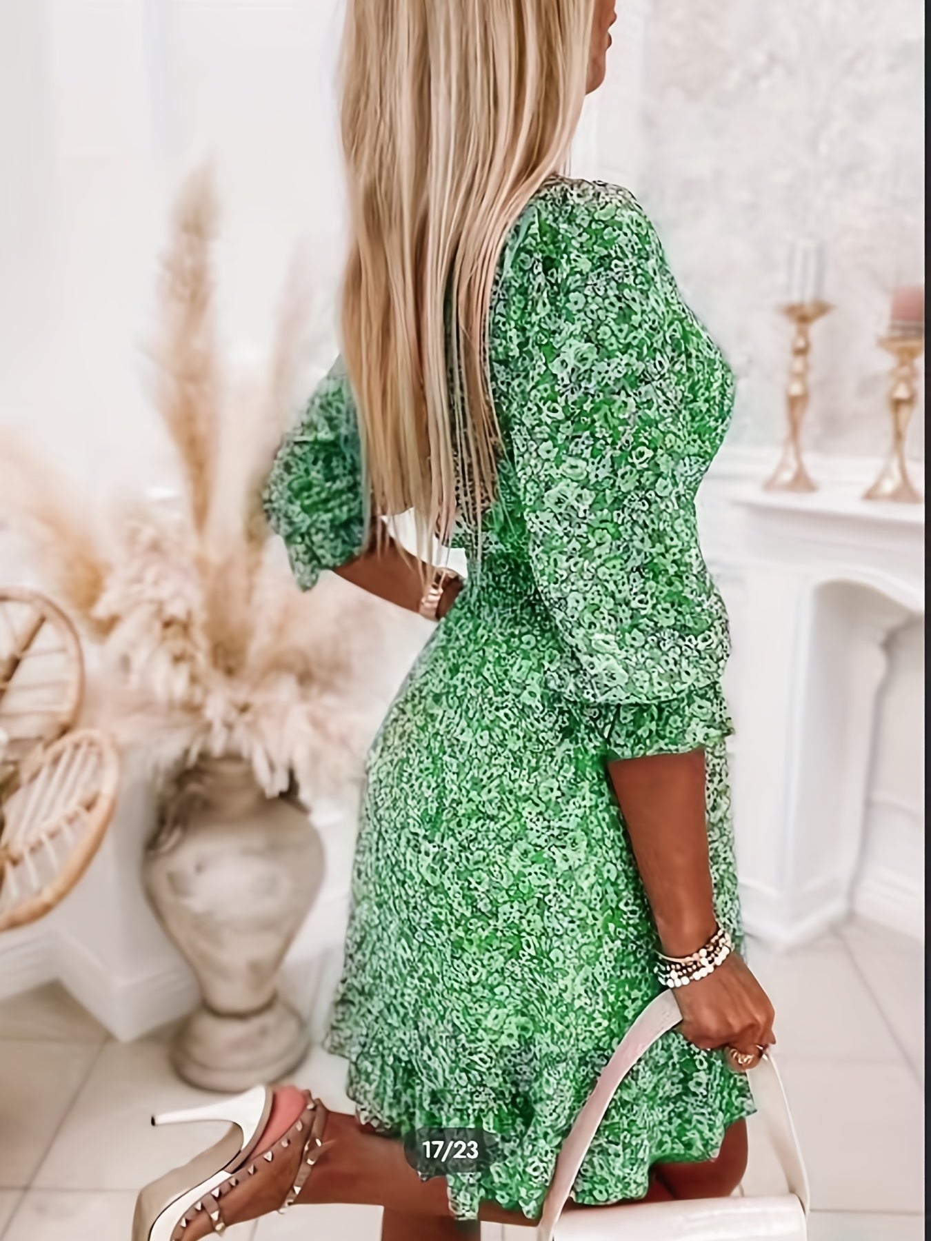 Floral V-Neck Dress with Ruffled Sleeves - Elegant A-Line Swing Dress