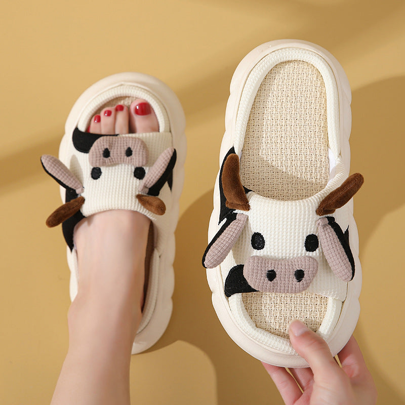 Cute Cartoon Cow Frog Slippers, Linen, Non-slip