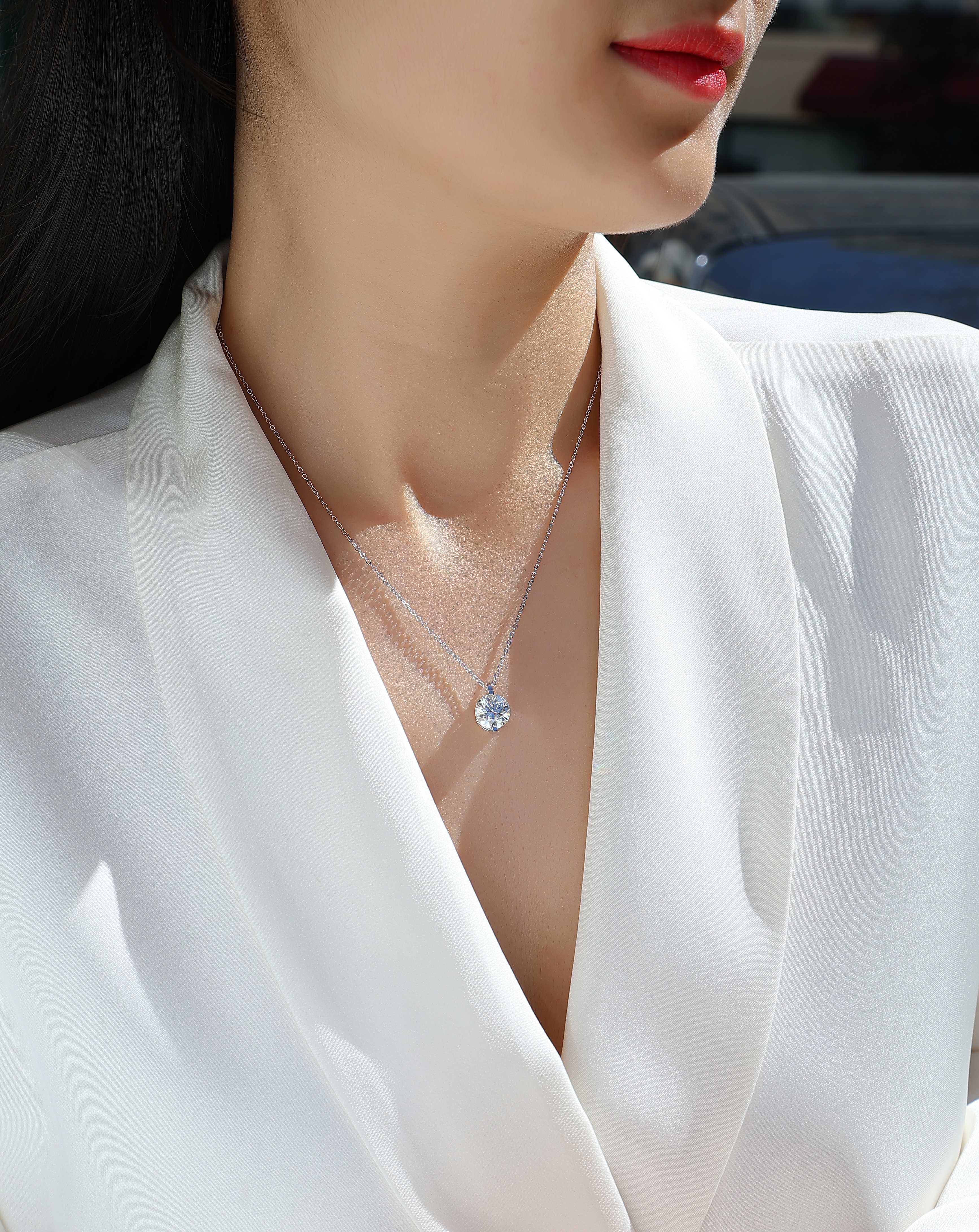 Moissanite Solitaire Pendant Necklace in S925 Sterling Silver with Platinum Plating