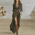 Women's Belted Maxi Dress - Button Front Lapel Collar with High Slit