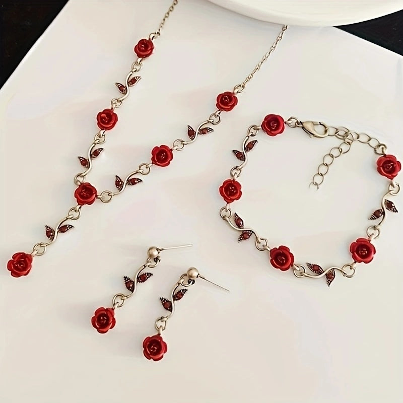 Red Rose Necklace, Bracelet & Earring Set