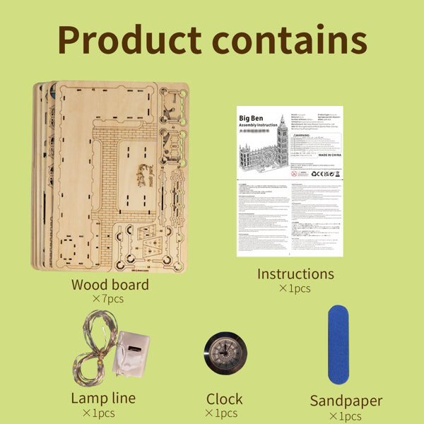 3D Wooden Big Ben Puzzle Kit with Working Desktop Clock