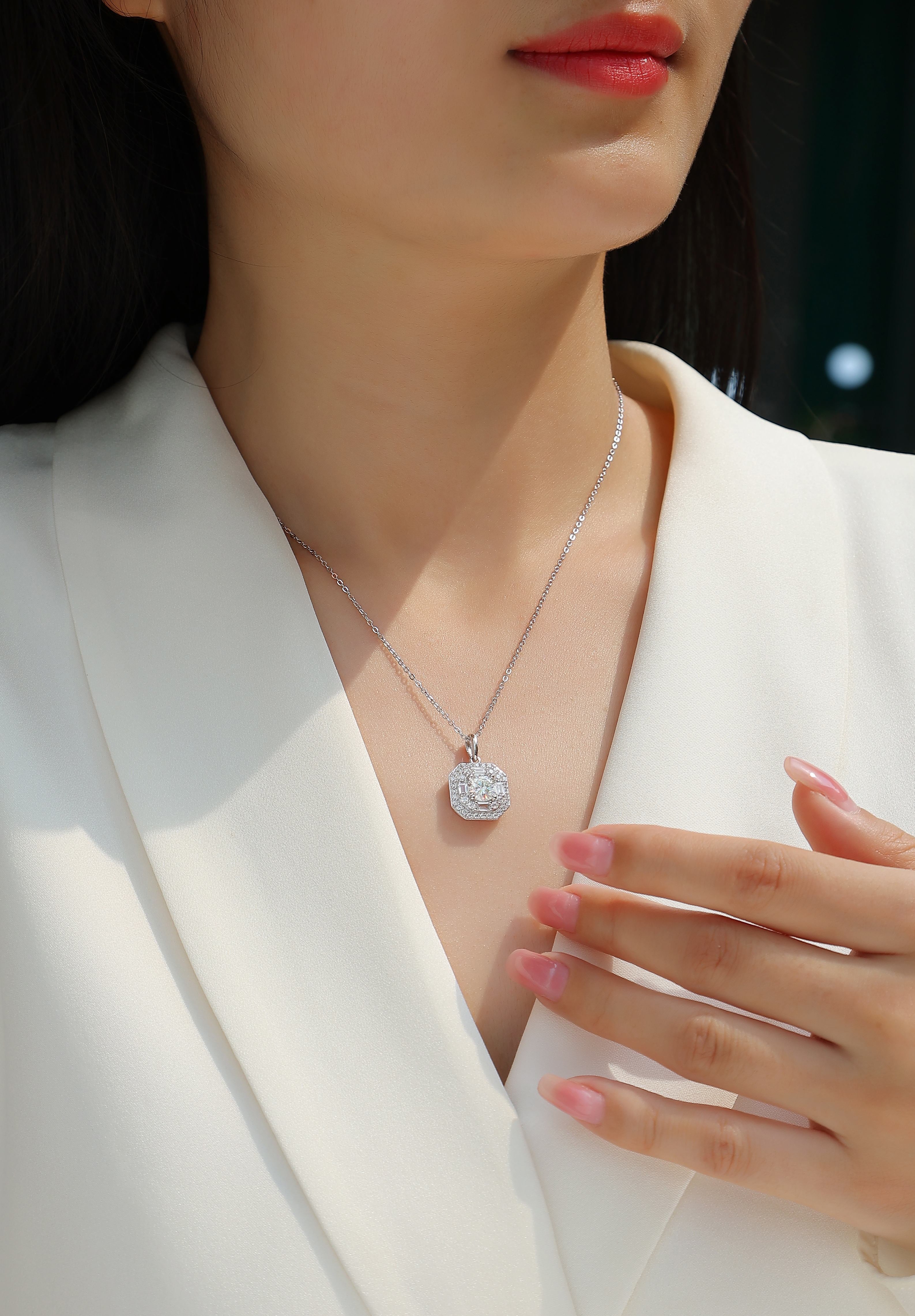 Square Halo Moissanite Pendant Necklace — 1ct, S925 Sterling Silver, Platinum-Plated