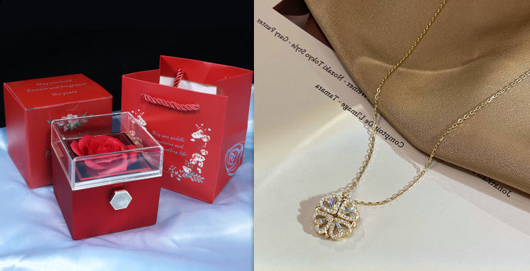 Retro Magnetic Folding Heart Shaped Four Leaf Clover Pendant Necklace Set