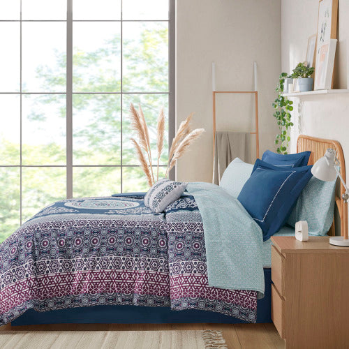 Queen Boho Comforter & Sheet Set - Navy Medallion Print Bedding