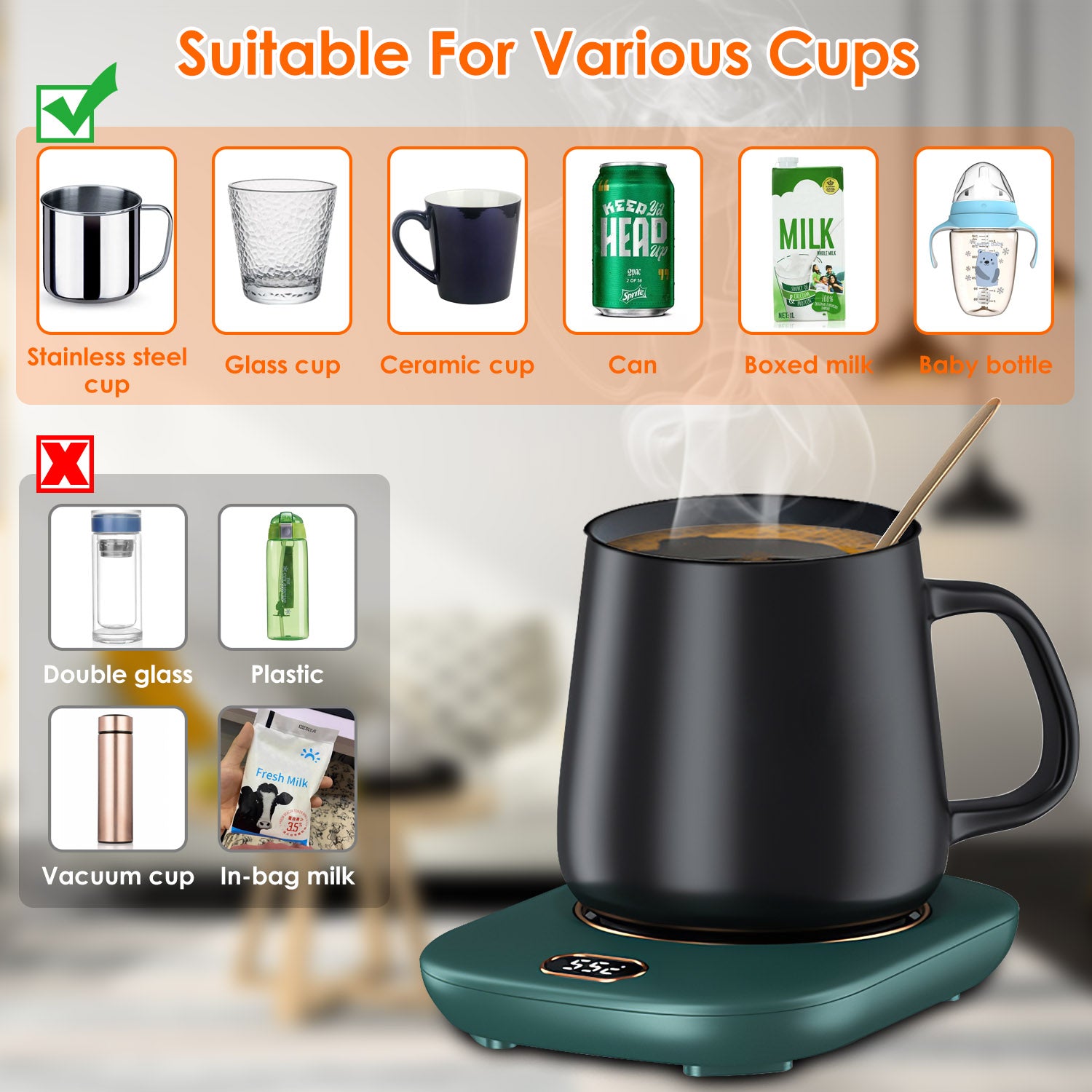 Electric Coffee Mug Warmer with Auto Shut-Off - USB, 3 Temperature Settings