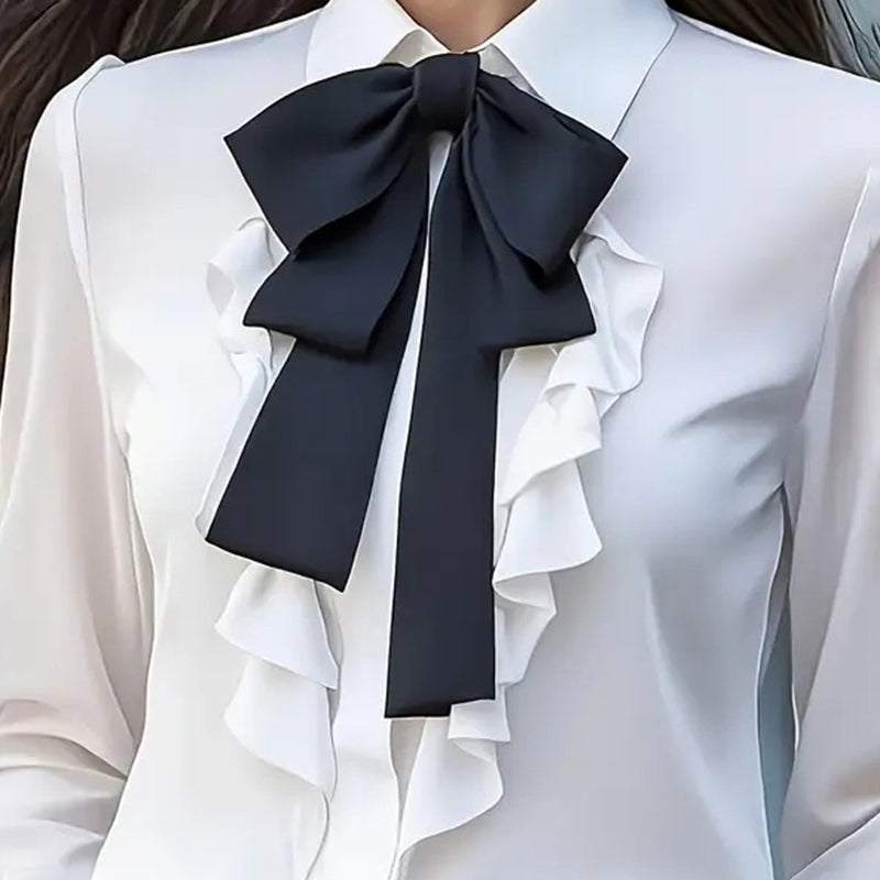 Women's Ruffle Trim Blouse with Bow Tie - Long Sleeve Office Shirt