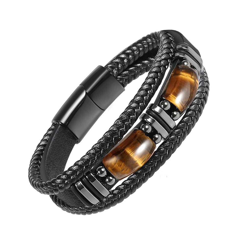 Natural Tiger Eye Stone & Leather Braided Healing Bracelet