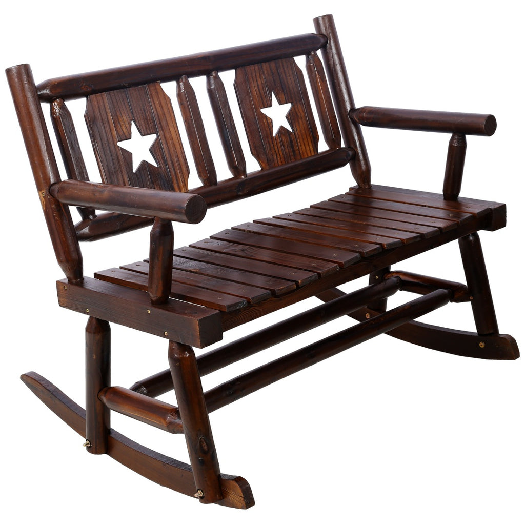 Outdoor Wood Rocking Bench for 2 - Rustic Brown Porch Rocker