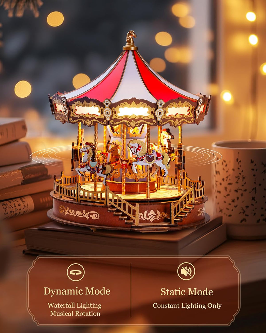 Robotime Classic Carousel Music Box 3D Wooden Puzzle with LED Lights - Mechanical Model Kit