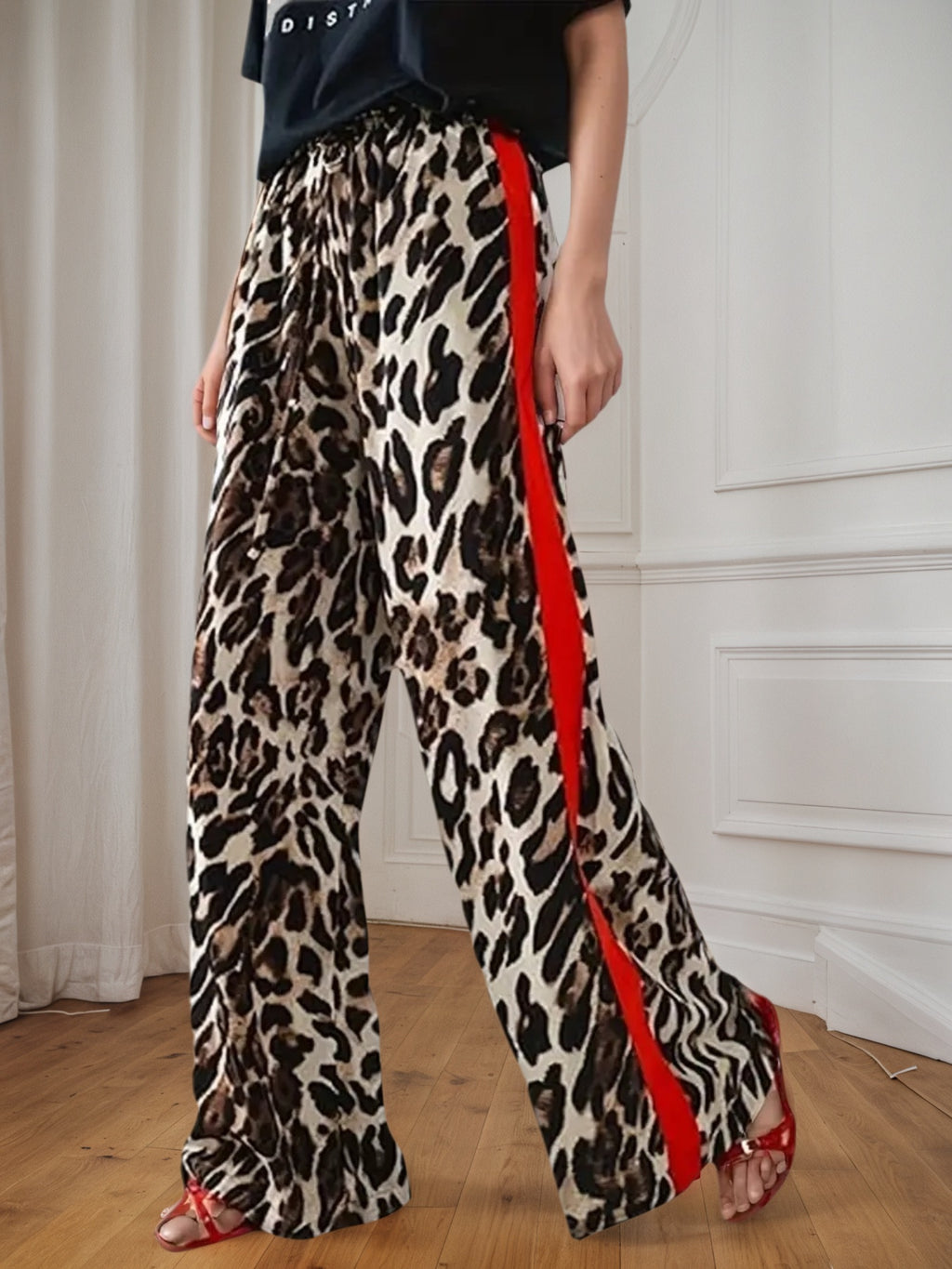 Leopard Print Casual Pants - Women's Drawstring Pants with Side Stripes