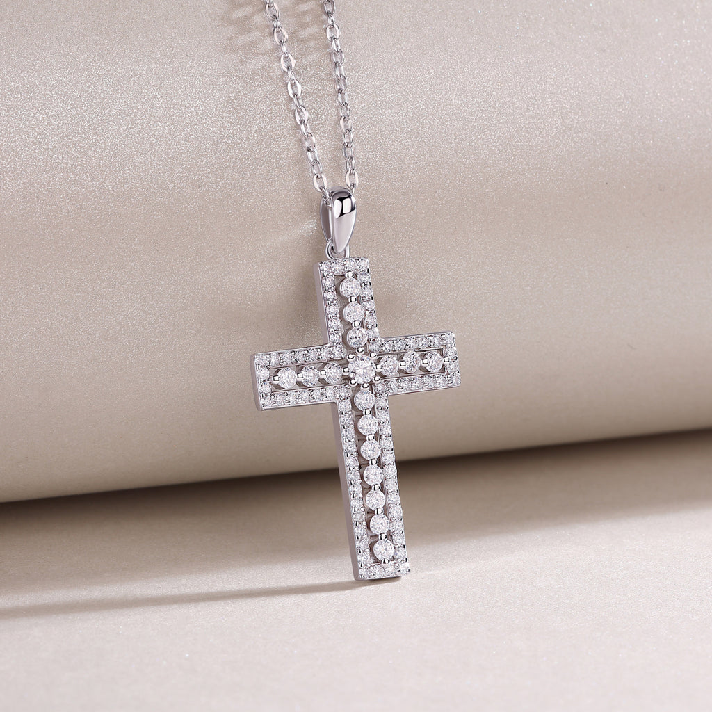 Moissanite Cross Sterling Silver Platinum Necklace