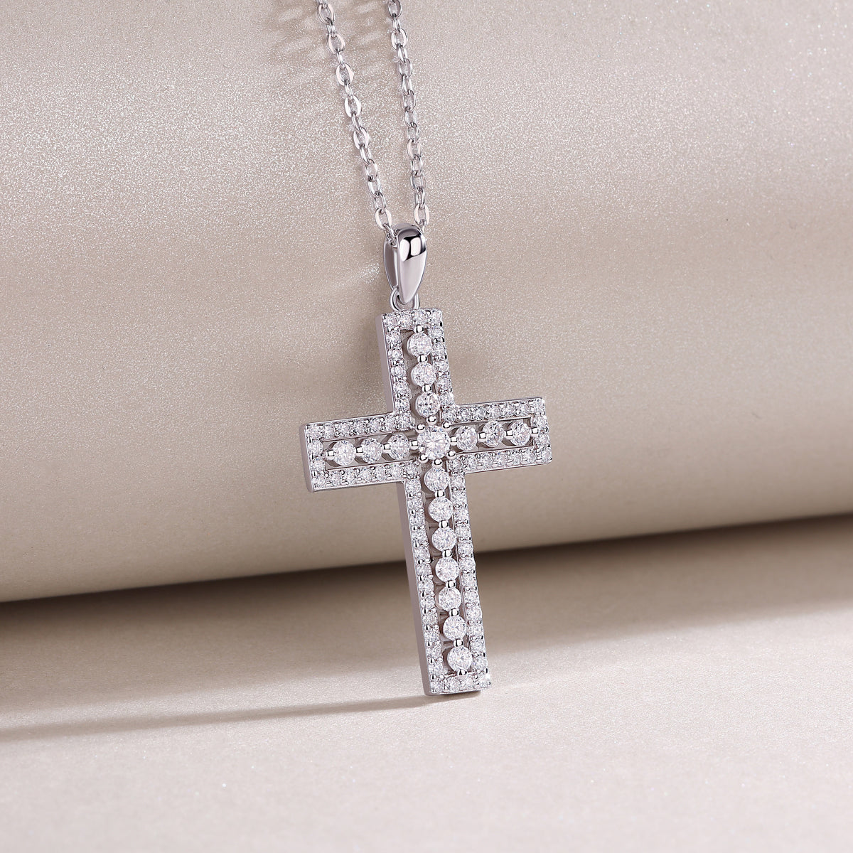 Moissanite Cross Sterling Silver Platinum Necklace