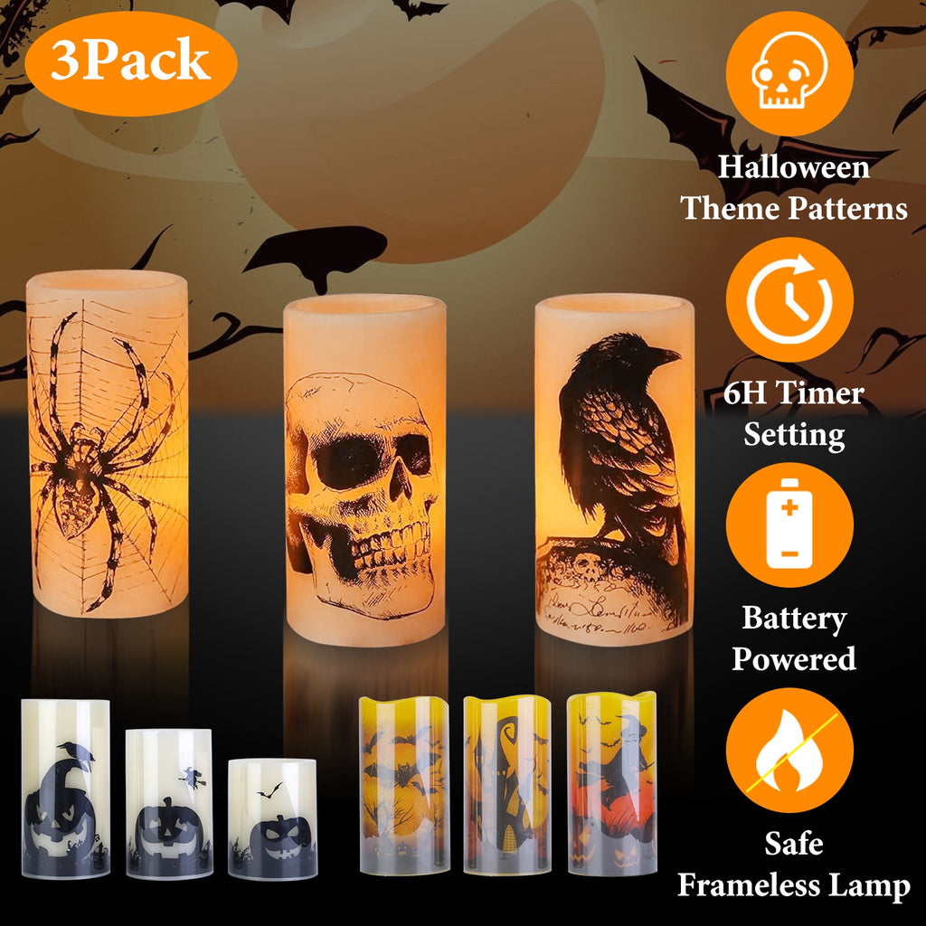 3-Pack Halloween Flameless LED Candles with Timer - Battery Operated