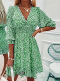 Floral V-Neck Dress with Ruffled Sleeves - Elegant A-Line Swing Dress