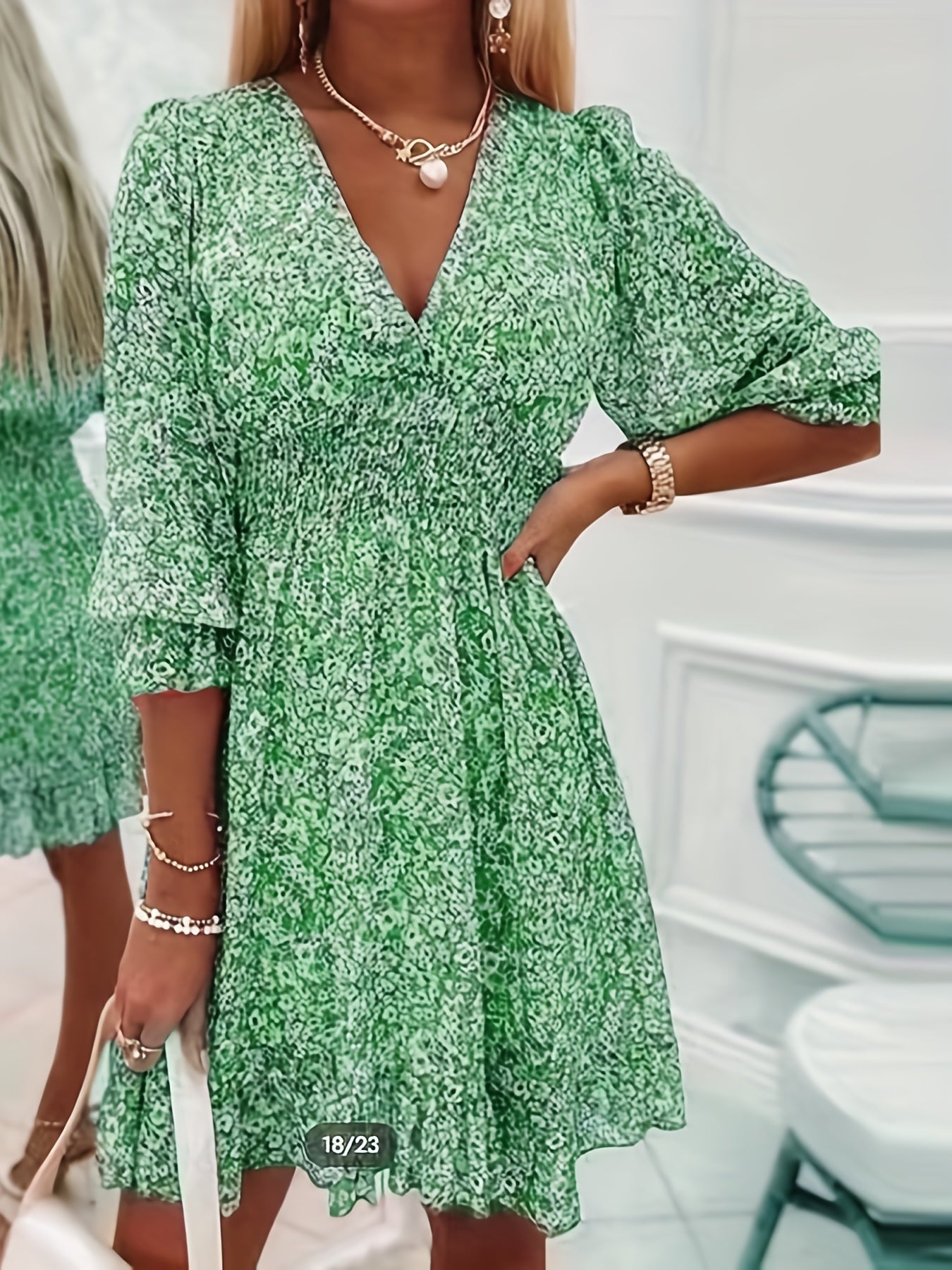 Floral V-Neck Dress with Ruffled Sleeves - Elegant A-Line Swing Dress