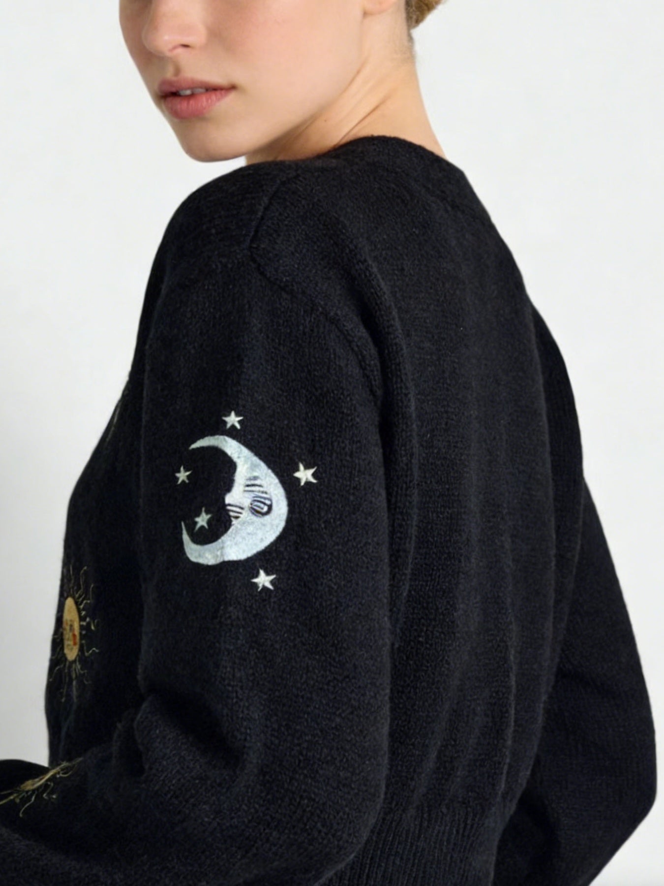 Women's Sun & Moon Embroidered Cardigan - Boho Knit Sweater with Lantern Sleeves