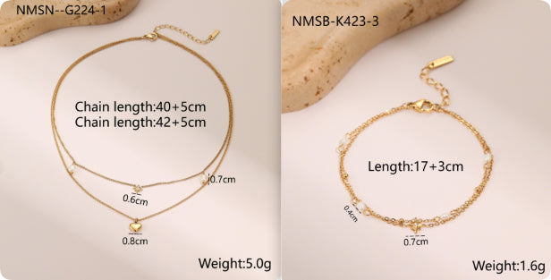 Double-layer Six-pointed Star Rhinestone Pearl Stainless Steel Necklace 18K Gold Plating Ins Design Sense