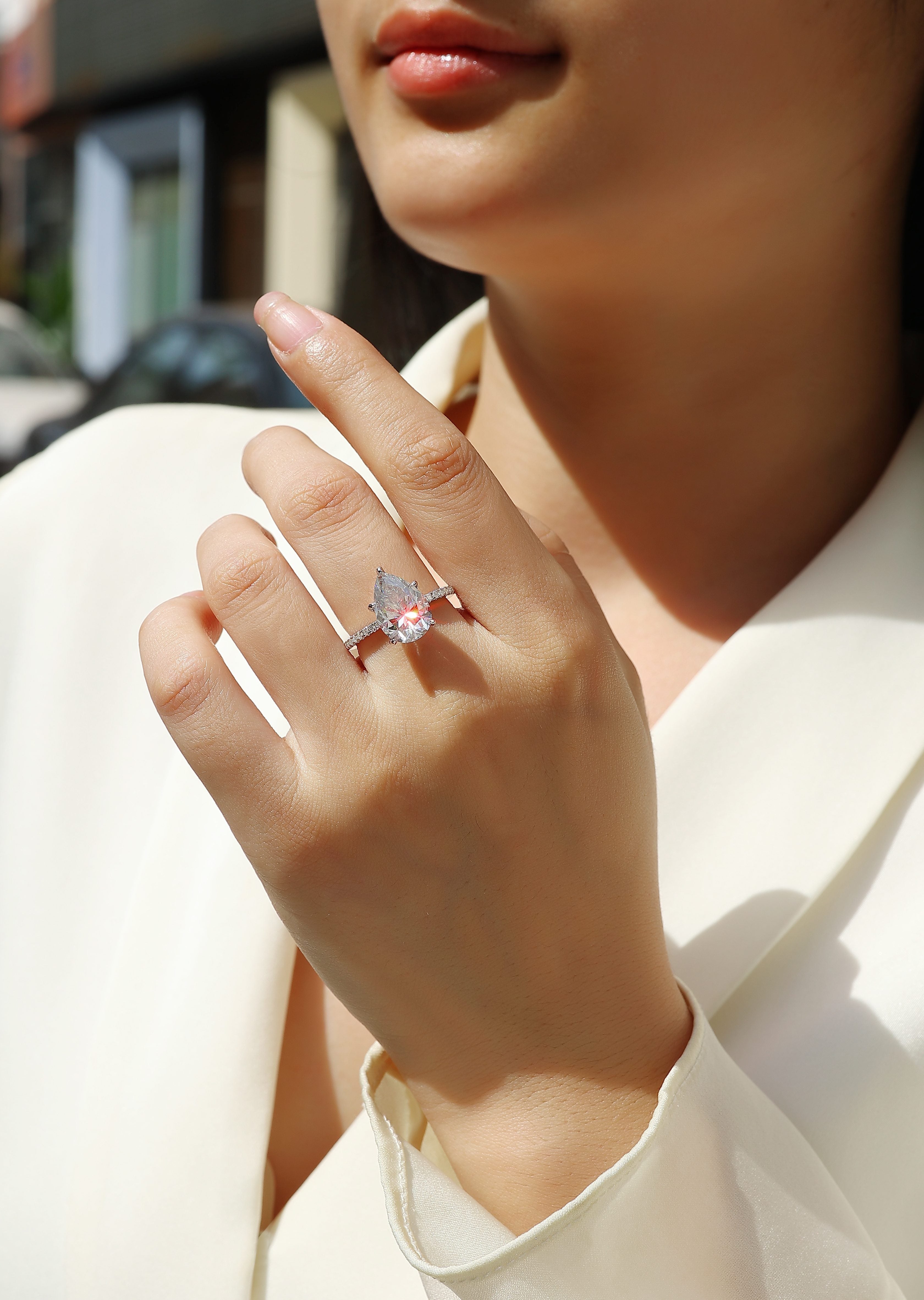Light & Shadow Pear Moissanite Bezel Ring – S925 Sterling Silver, Platinum Plated