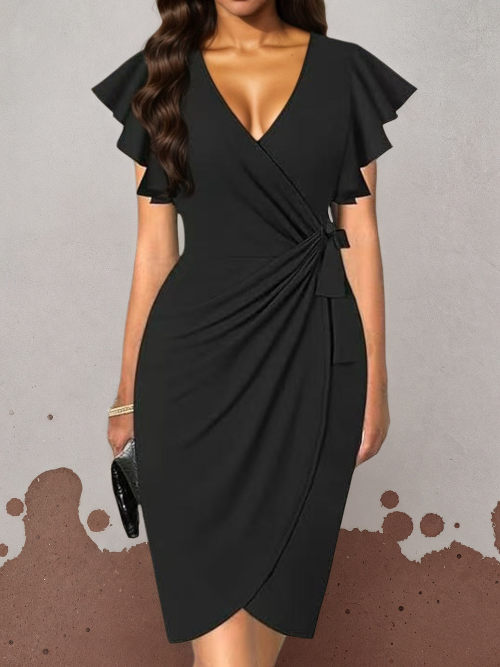 Women's Deep V-Neck Bodycon Dress - Pleated Ruffle Sleeve Fitted Dress