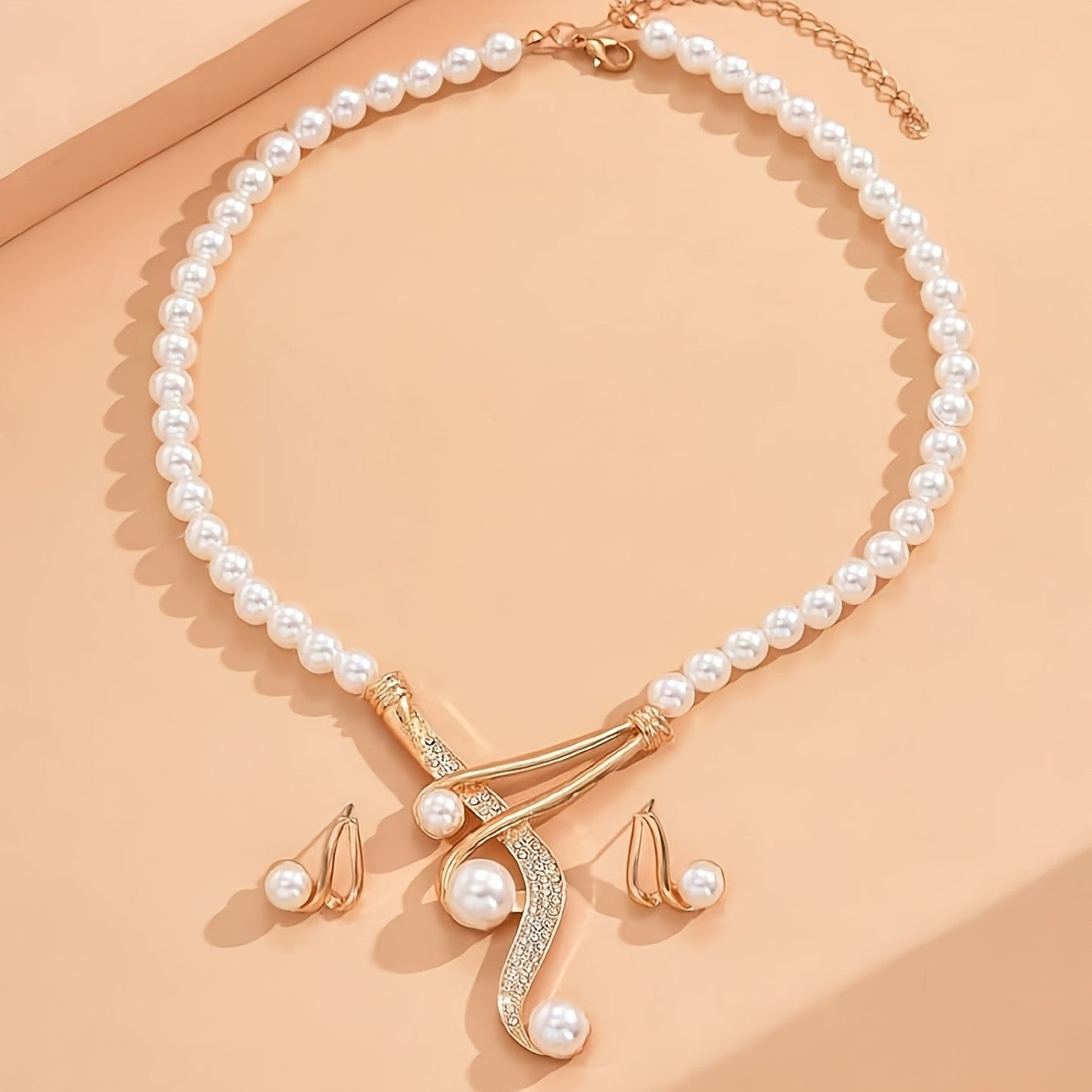 Pearl Jewelry Set - Necklace & Geometric Earrings (2-Piece)