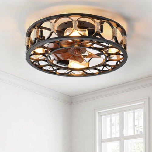 Farmhouse Cage Ceiling Fan with LED Light & Remote - Low Profile