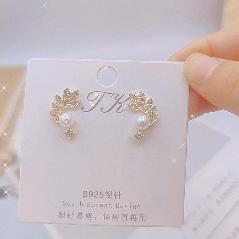 Pearl & Rhinestone Stud Earrings - Feathers